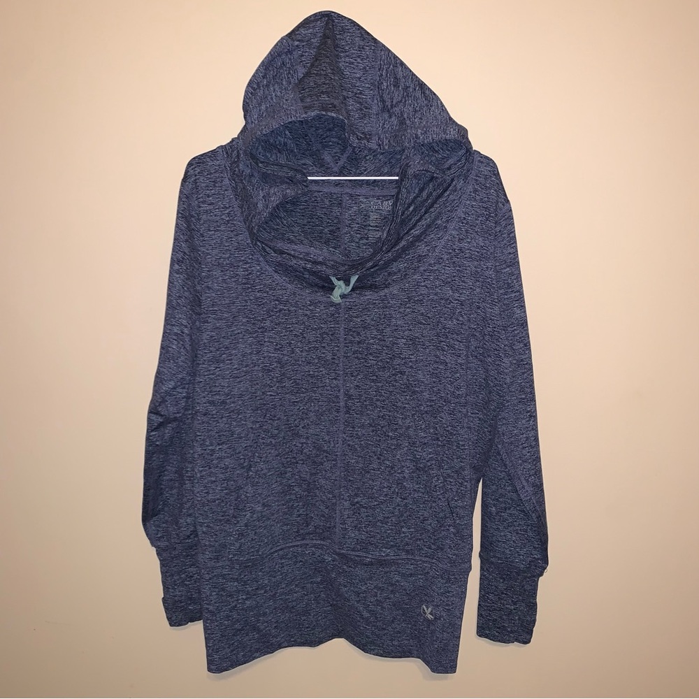 Long Sleeve Athletic Top Tunic Hood Pockets Blue